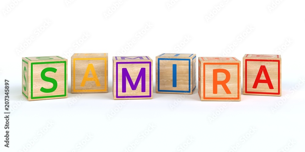 The name samira written with Isolated wooden toy cubes The name samira written with Isolated wooden toy cubes