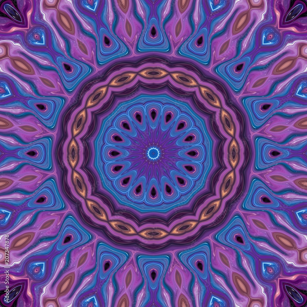 Fantasy sacred geometry modern art. Mystic Indian unique mandala. Diamond and floral kaleidoscope artwork. Feng shui and yoga tradition design. Psychedelic symmetric background. Creative print pattern