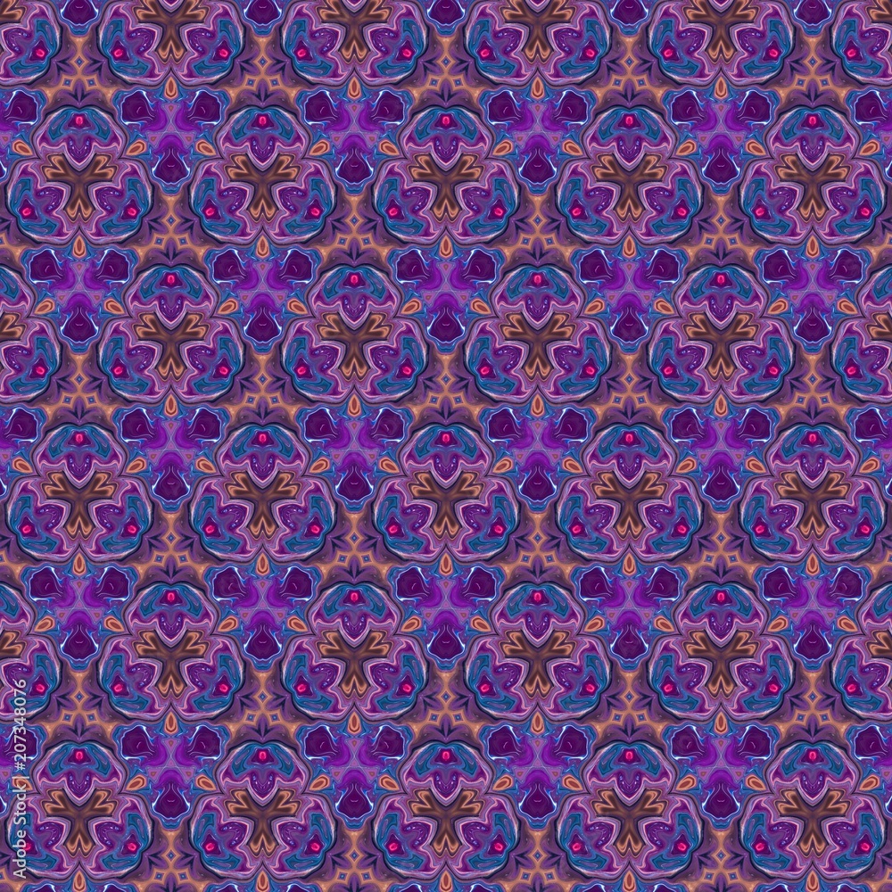 Seamless pattern background. Good for any printed matter, print on fabric or textile, clothes and ceramic. Creative template for design products decoration. Abstract symmetric kaleidoscope wallpaper.