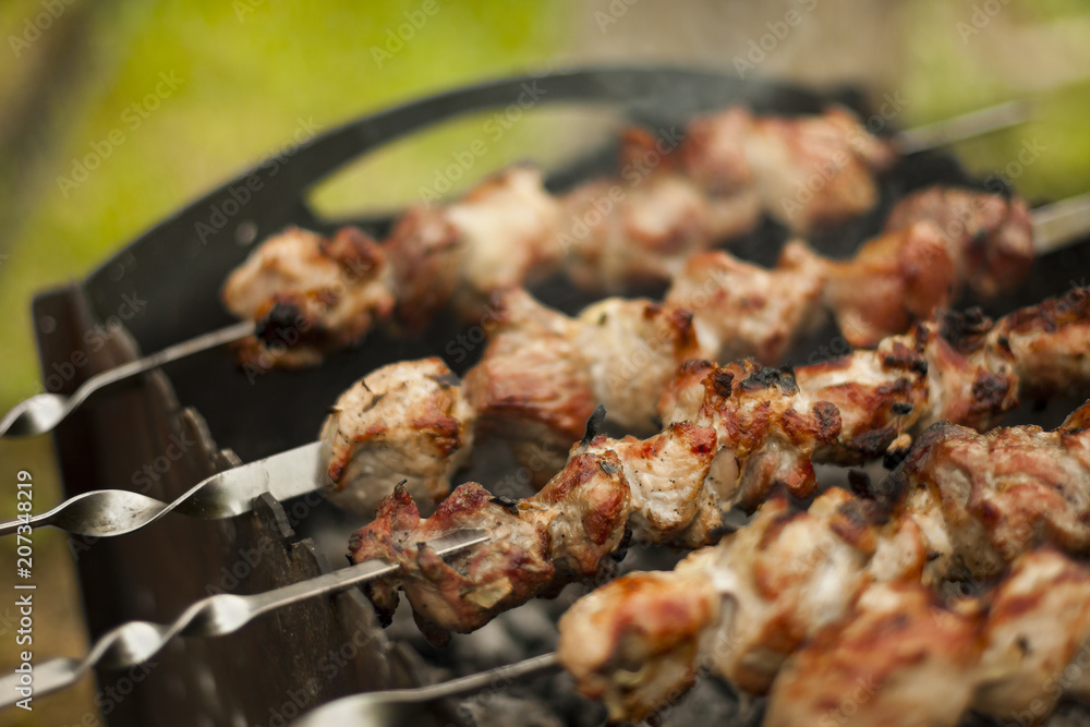 Traditional shish kebab on hot coals