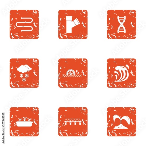 Irrigation icons set. Grunge set of 9 irrigation vector icons for web isolated on white background