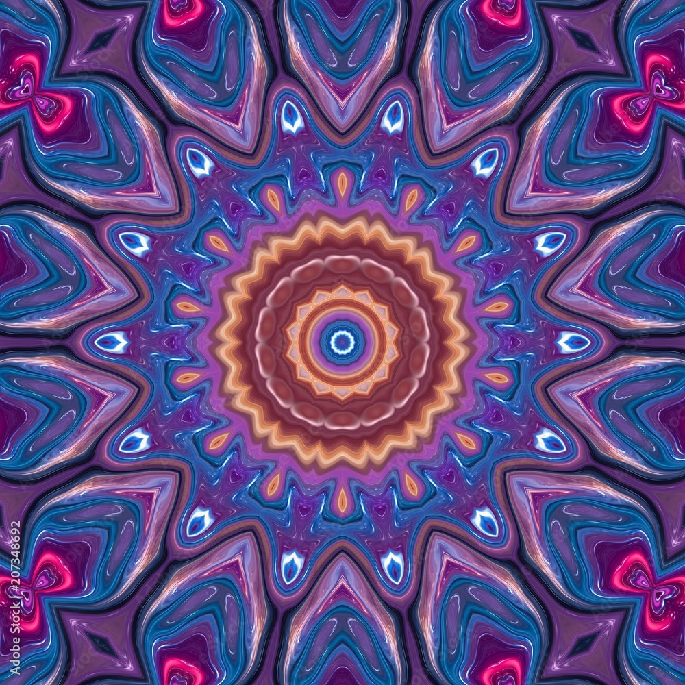 Fantasy sacred geometry modern art. Mystic Indian unique mandala. Oriental round pattern. Diamond and floral kaleidoscope artwork. Feng shui and yoga traditional design. Psychedelic creative print. 