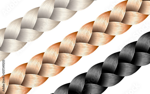 Vector Long Hair Braid Model Concept - Three Isolated Blond, Brunet and Ginger Hairstyle Design
