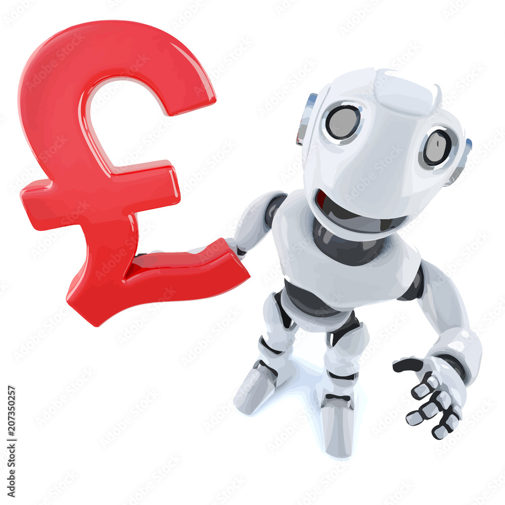 Vector 3d Funny cartoon robot character holding a UK Pounds Sterling currency symbol Vector 3d Funny cartoon robot character holding a UK Pounds Sterling currency symbol