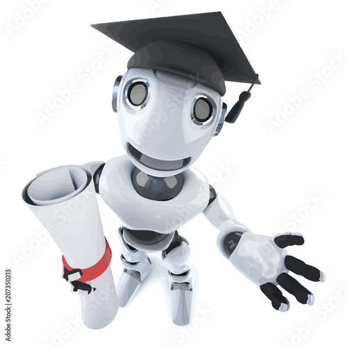 Vector 3d Funny cartoon robot character wearing a graduate mortar board and holding a diploma