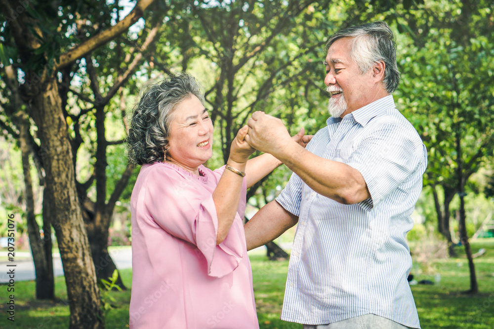 Fototapeta premium Happy elderly couple with lifestyle after retiree concept. Lovely asian seniors couple embracing together in the park in the morning.