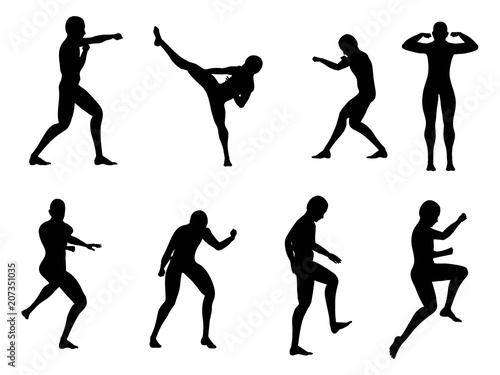 Silhouette of Young Man Fight Poses  - Vector Set of Cutouts
