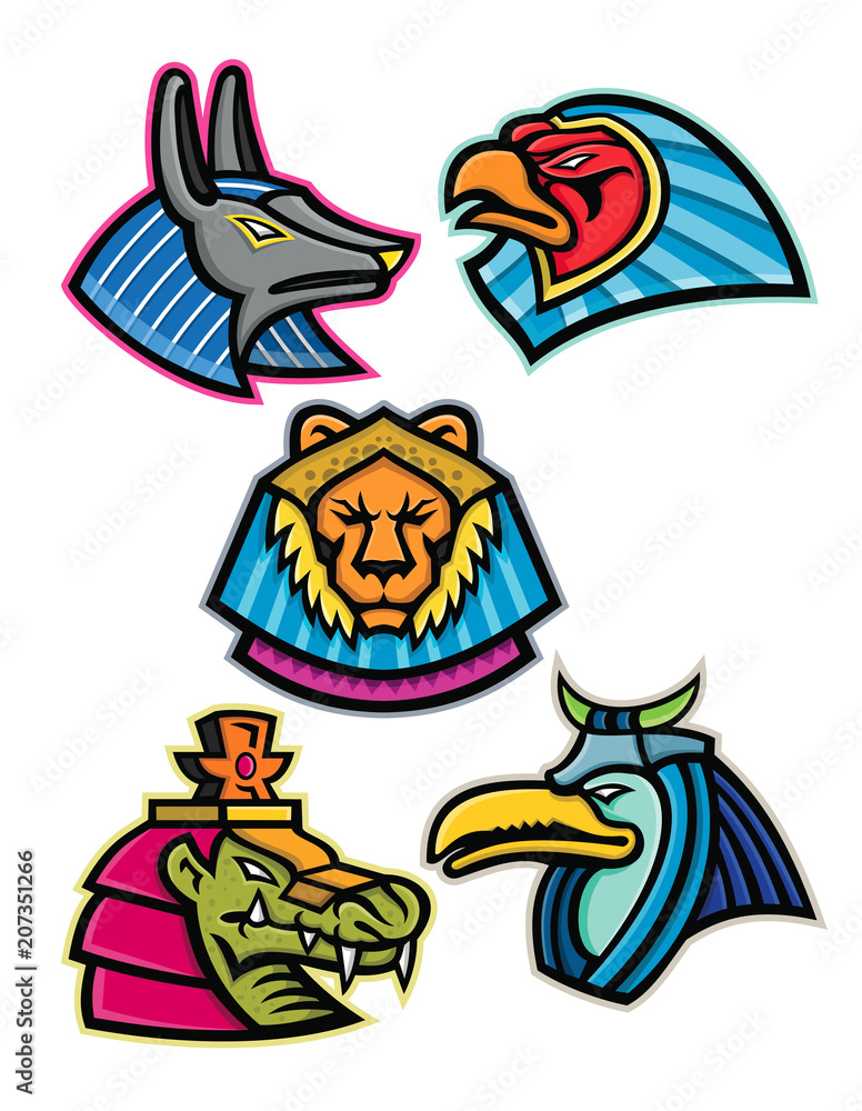 Mascot icon illustration set of heads of ancient Egyptian animal gods or  deities like Anubis,sun god Ra, Sekhmet, Sobek and Thoth viewed from side  on isolated background in retro style. Stock Vector