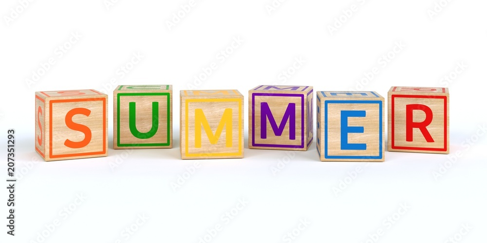 The name summer written with Isolated wooden toy cubes The name summer written with Isolated wooden toy cubes
