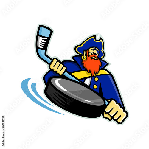 Mascot icon illustration of head of a swashbuckler, pirate, privateer or corsair with ice hockey stick and puck viewed from front on isolated background in retro style.