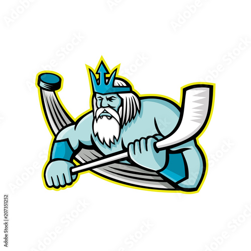 Mascot icon illustration of Poseidon or Neptune, god of the Sea in Greek and Roman mythology holding an ice hockey stick with puck viewed from front on isolated background in retro style.