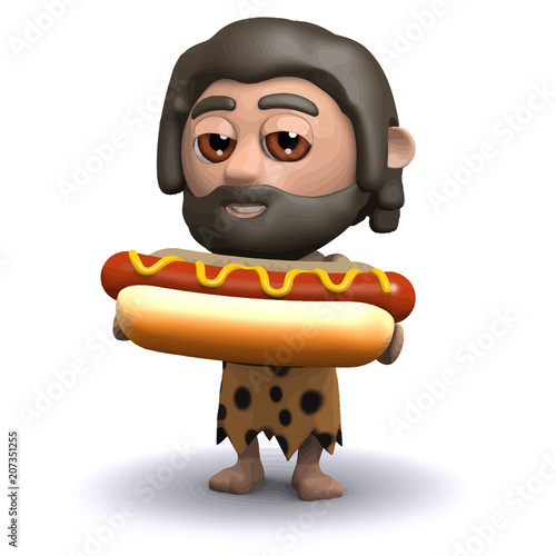 Vector 3d Caveman with a hot dog