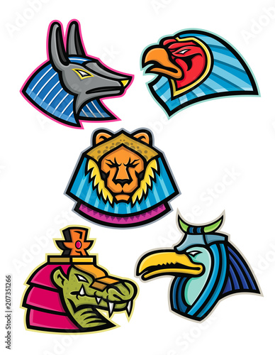 Mascot icon illustration set of heads of ancient Egyptian animal gods or deities like Anubis,sun god Ra, Sekhmet, Sobek and Thoth  viewed from side on isolated background in retro style.