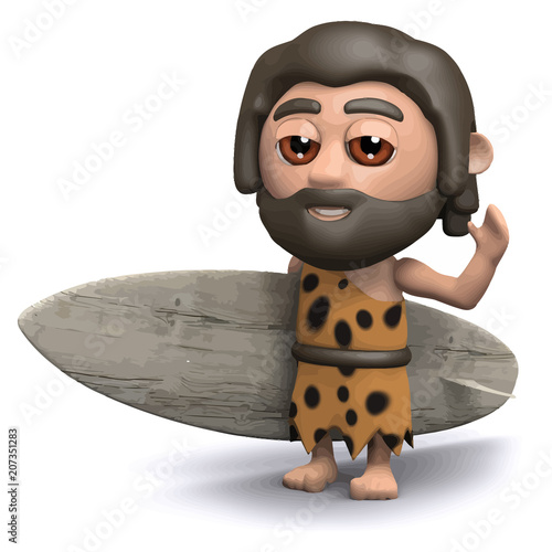 Vector 3d Caveman is going surfing