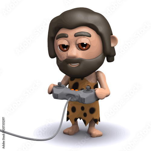 Vector 3d Caveman plays a video game