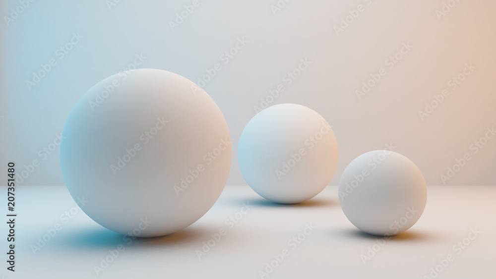 Milky white spheres isolated on white background with slightly blue and orange lighting . 3D Rendering Milky white spheres isolated on white background with slightly blue and orange lighting . 3D Rendering