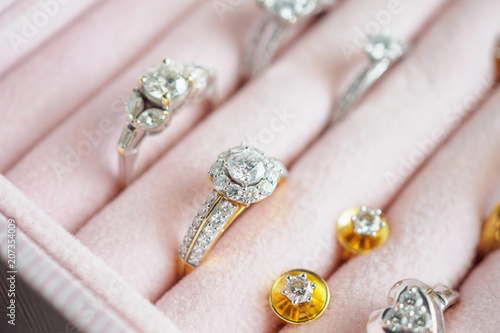 Wallpaper Mural Gold and silver diamond ring and earrings in luxury jewelry box Torontodigital.ca