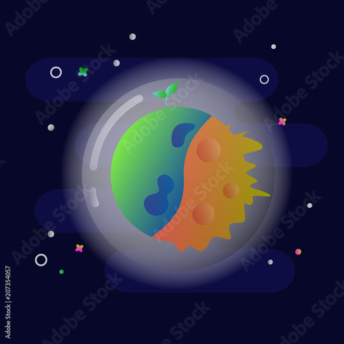 planet divided into two parts desert and green alive part surrounded by protection dome flat style vector illustration