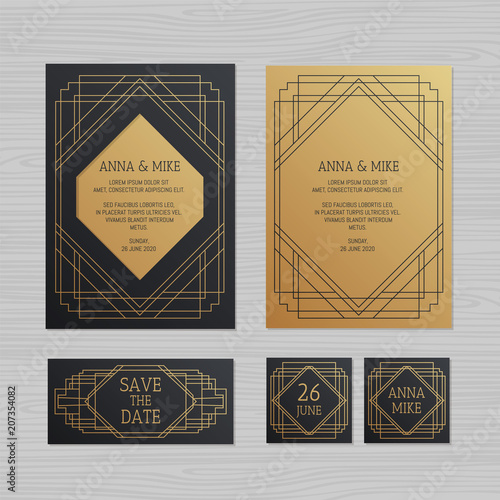 Luxury wedding invitation or greeting card with geometric ornament. Art Deco style. Paper envelope template. Wedding invitation envelope mock-up for laser cutting. Vector illustration.