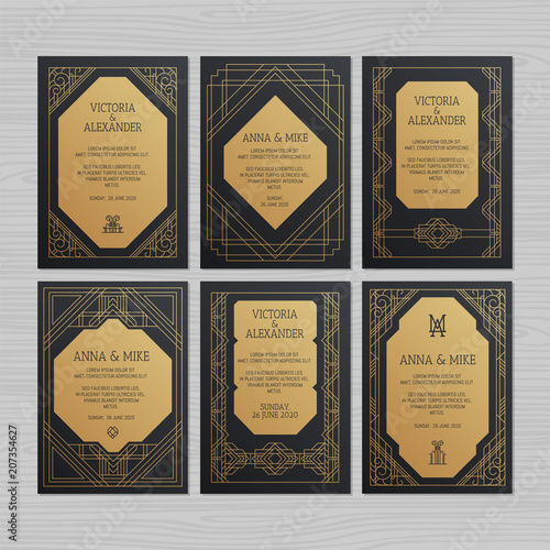 Luxury wedding invitation or greeting card with geometric ornament. Art Deco style. Paper envelope template. Wedding invitation envelope mock-up for laser cutting. Vector illustration.