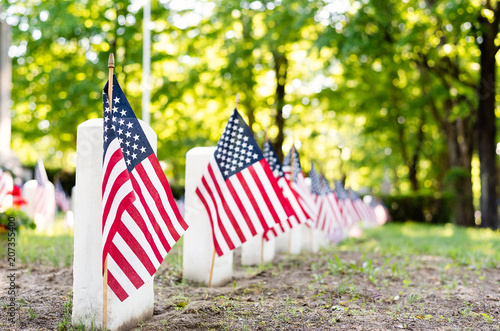 American flags marking the graves of war veterans in a cemetery