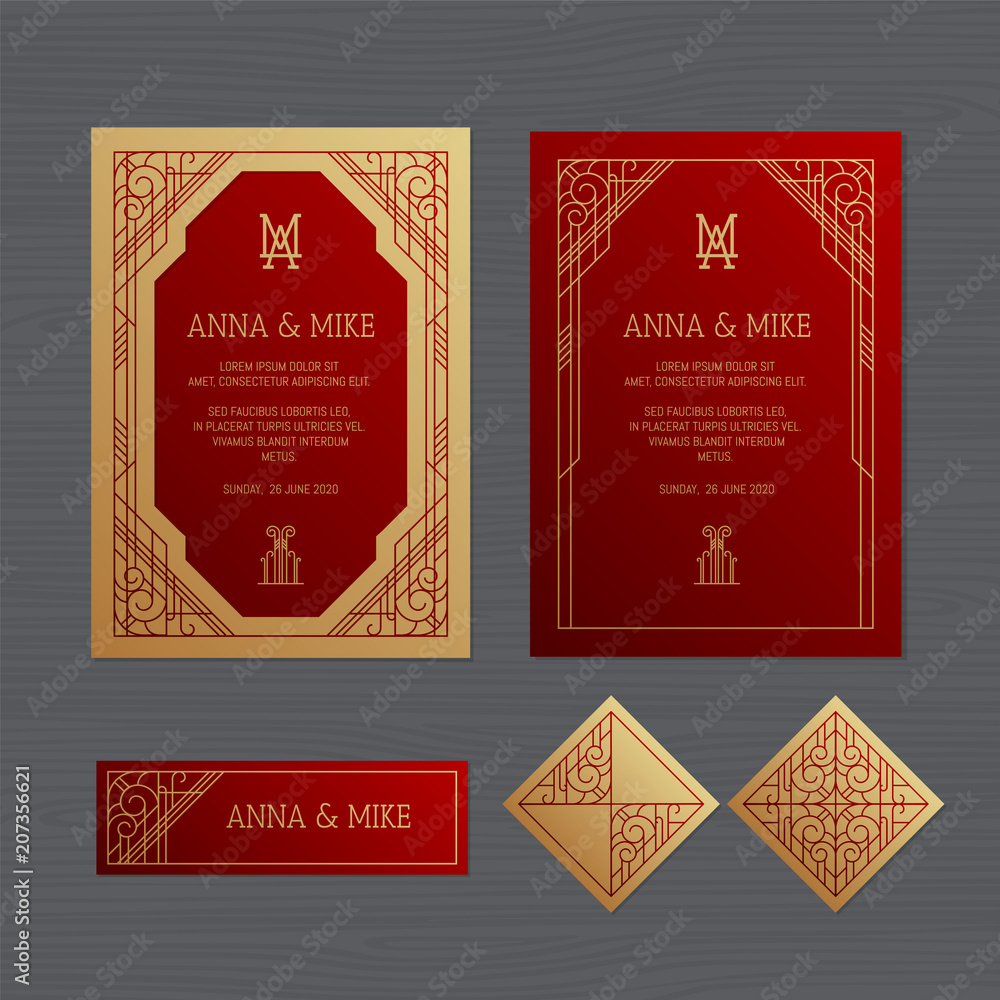 Luxury wedding invitation or greeting card with geometric ornament. Art Deco style. Paper envelope template. Wedding invitation envelope mock-up for laser cutting. Vector illustration. Luxury wedding invitation or greeting card with geometric ornament. Art Deco style. Paper envelope template. Wedding invitation envelope mock-up for laser cutting. Vector illustration.