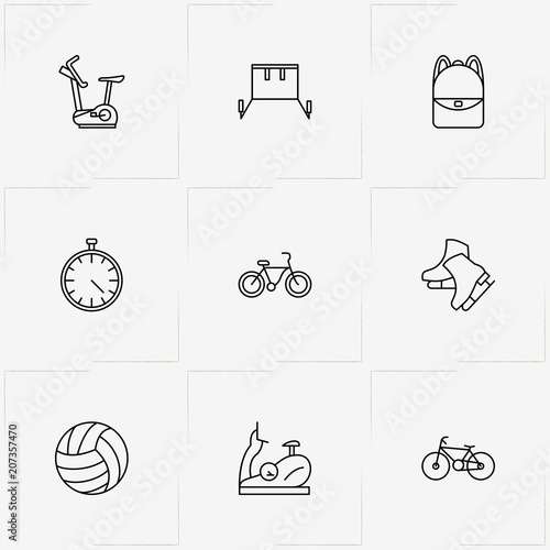 Fitness line icon set with stopwatch, gym dips  and backpack