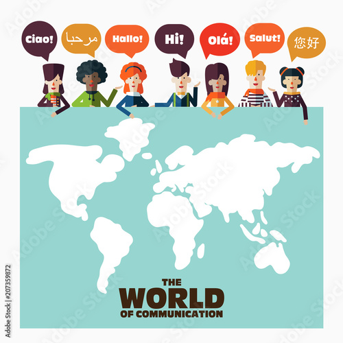 Group of happy smiling young people with speech bubbles in different languages. Male and female faces avatars in modern design style. Communication, teamwork, assistance and connection vector concept