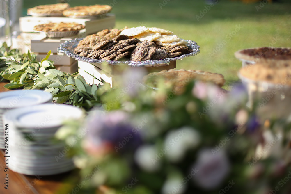 Wedding Dessert Bar with Cookies, Cakes, and Pies Rustic Wedding Decor Pink, Peach, Purple, and Green Floral Centerpieces on a Wooden Farm Table Wedding Dessert Bar with Cookies, Cakes, and Pies Rustic Wedding Decor Pink, Peach, Purple, and Green Floral Centerpieces on a Wooden Farm Table