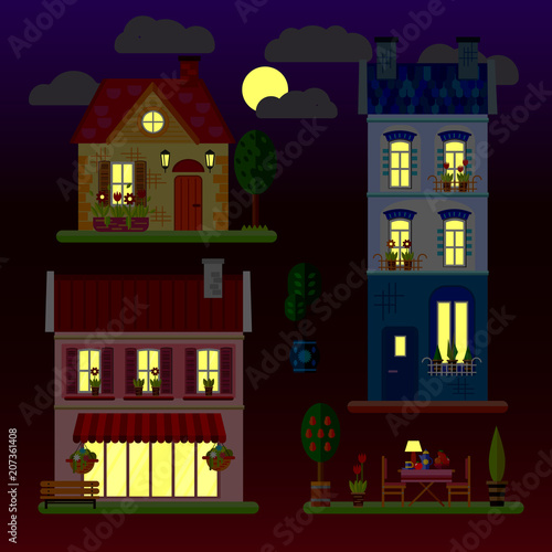 A set of flat illustrations of houses at night. One-storey, two-storey and three-storey building. Vector.