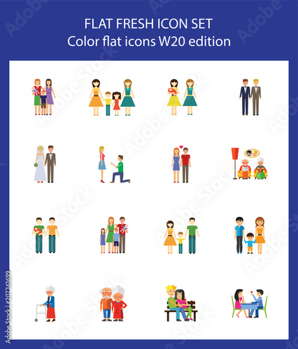 Icon set of human relationships. Family, couple, dating. People concept. For topics like relations, love, traditional and nontraditional family