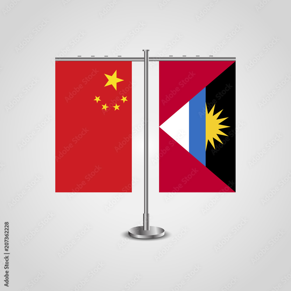 Table stand with flags of China and Antigua and Barbuda.Two flag. Flag pole. Symbolizing the cooperation between the two countries. Table flags Table stand with flags of China and Antigua and Barbuda.Two flag. Flag pole. Symbolizing the cooperation between the two countries. Table flags