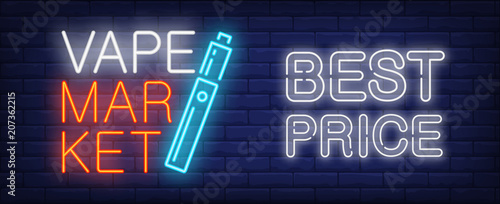 Best price in vape market neon sign. Electronic cigarette on dark brick wall. Vector illustration in neon style for smoking shop or vaping
