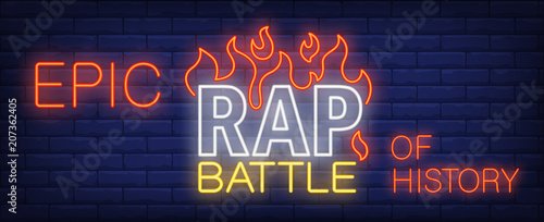 Epic rap battle of history neon sign. Bright inscription with flame tongues on brick wall. Vector illustration in neon style for video preview or concert banner