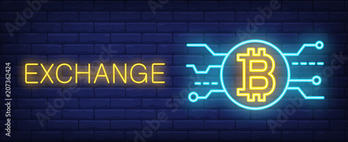 Exchange bitcoin vector illustration in neon style. Text, pick and bitcoin on brick wall background. Night bright advertising design, banner, sign. Emoney and cryptocurrency concept