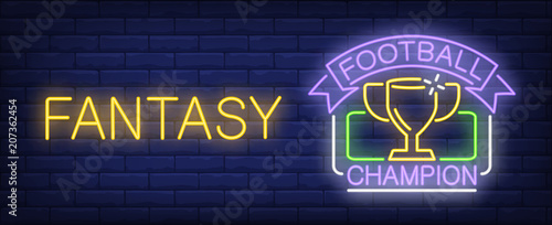 Football champion fantasy neon sign. Cup of soccer championship winner. Vector illustration in neon style for sport competition or game