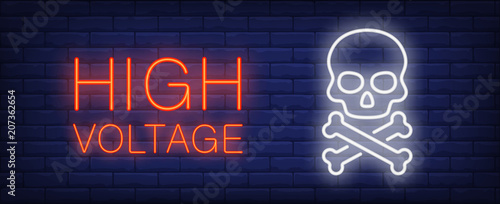 High voltage red and white neon style lettering. Death sign on brick background. Skull and crossbones. Bright wall sign. Can be used for warning sign, banner, web design