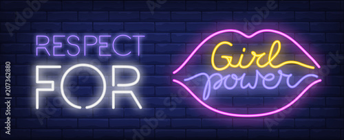 Respect for girl power neon sign. Colorful inscription and lips silhouette on brick wall. Vector illustration in neon style for poster or feminist movement