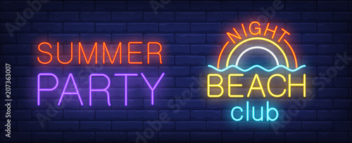 Summer party in night beach club neon sign. Bright rainbow on sea. Vector illustration in neon style for night beach club or entertainment