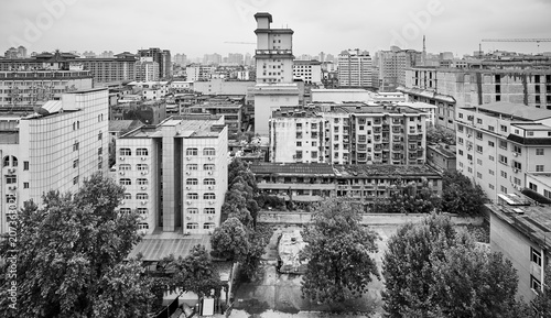 Black and white Xian cityscape, China