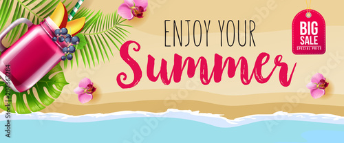 Big sale enjoy your summer banner design with pink flowers, mug of berry smoothie, ocean and beach. Calligraphic text can be used for signs, labels, flyers, posters