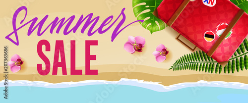 Summer sale seasonal banner design with flowers, travel bag and beach. Calligraphic text can be used for signs, labels, flyers, posters