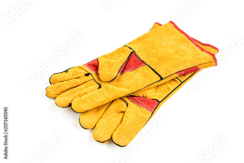 Yellow protective gloves isolated on white background photo