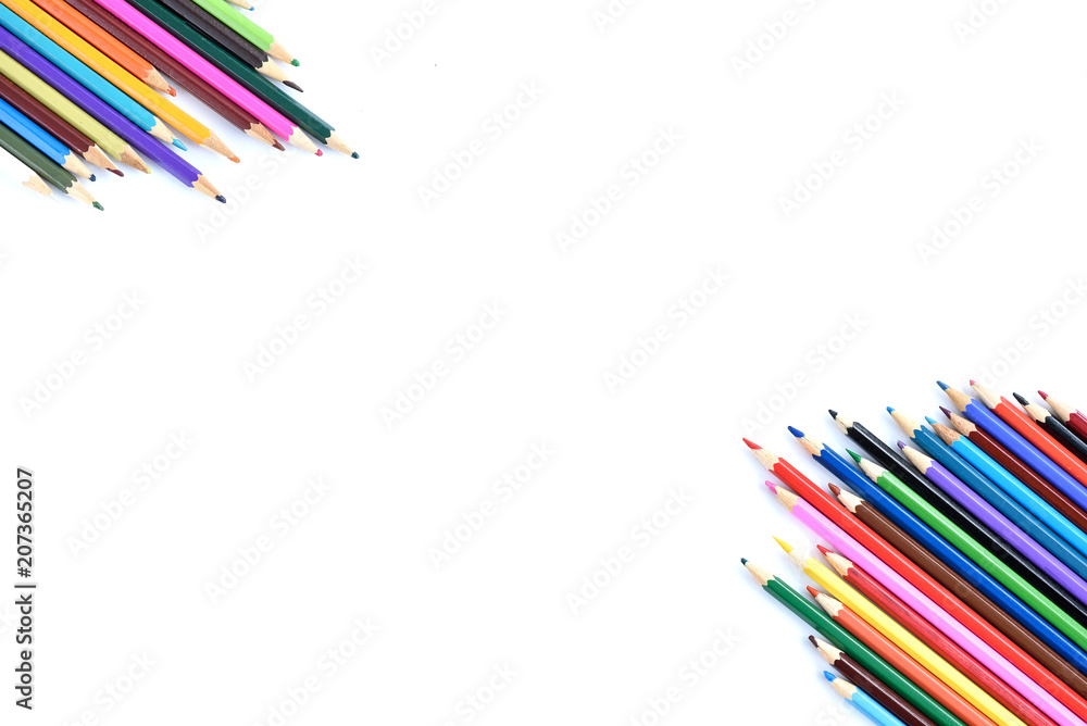 Fototapeta premium Colorful pencils, pastel and gouache isolated on white background with copy space. Drawing concept.