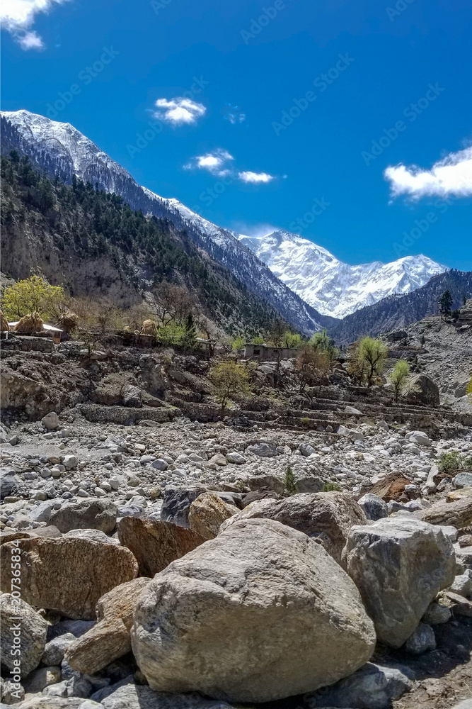 Nanga Parbat Mountain with small village in foreground , Gilgit, Pakistan