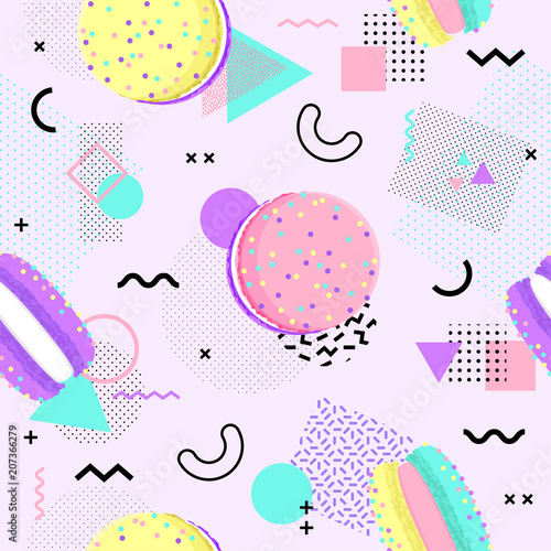 Memphis seamless pattern with macaron and geometric different shapes colorful 80's-90's style. Vector Illustration