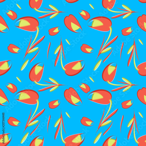 Vector gentle flowers and tulips on azure background.