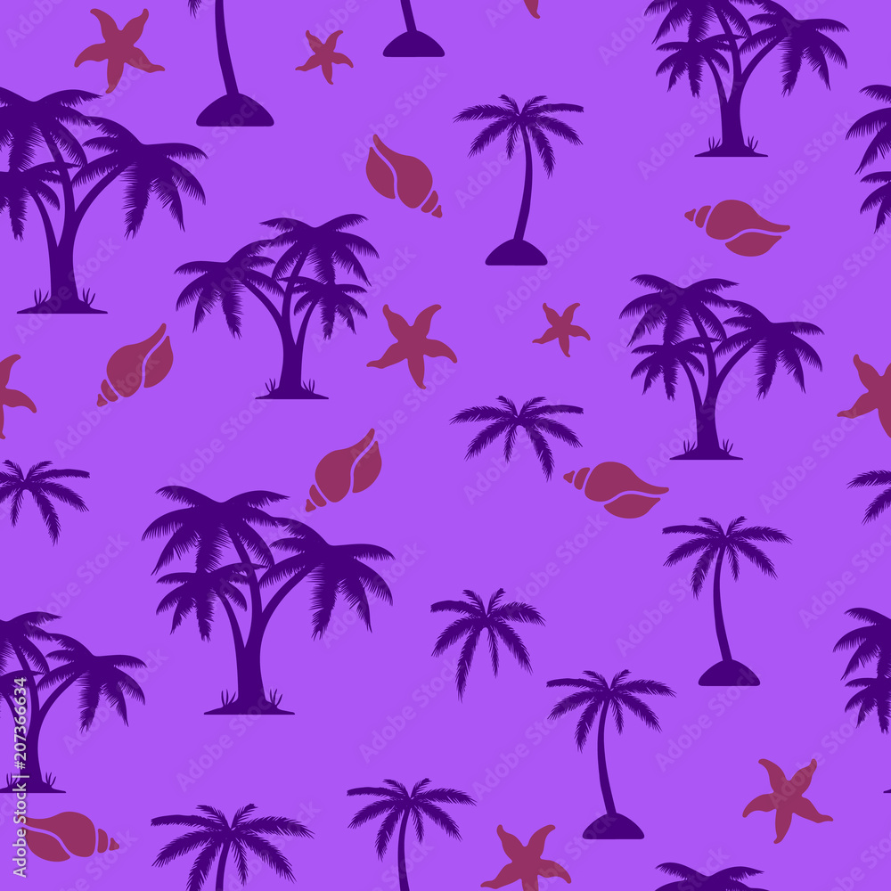 Seamless pattern, palm tree and seashells, on ultraviolet background,