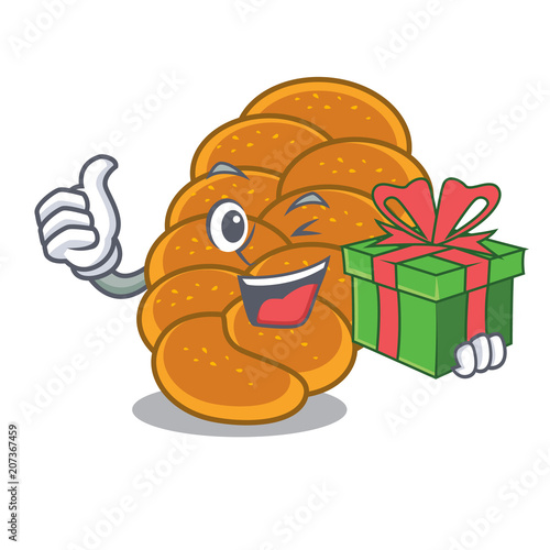 With gift challah mascot cartoon style photo