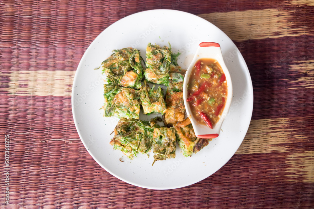 Climbing wattle (Cha-om) omelette and shrimp paste chili dip Climbing wattle (Cha-om) omelette and shrimp paste chili dip